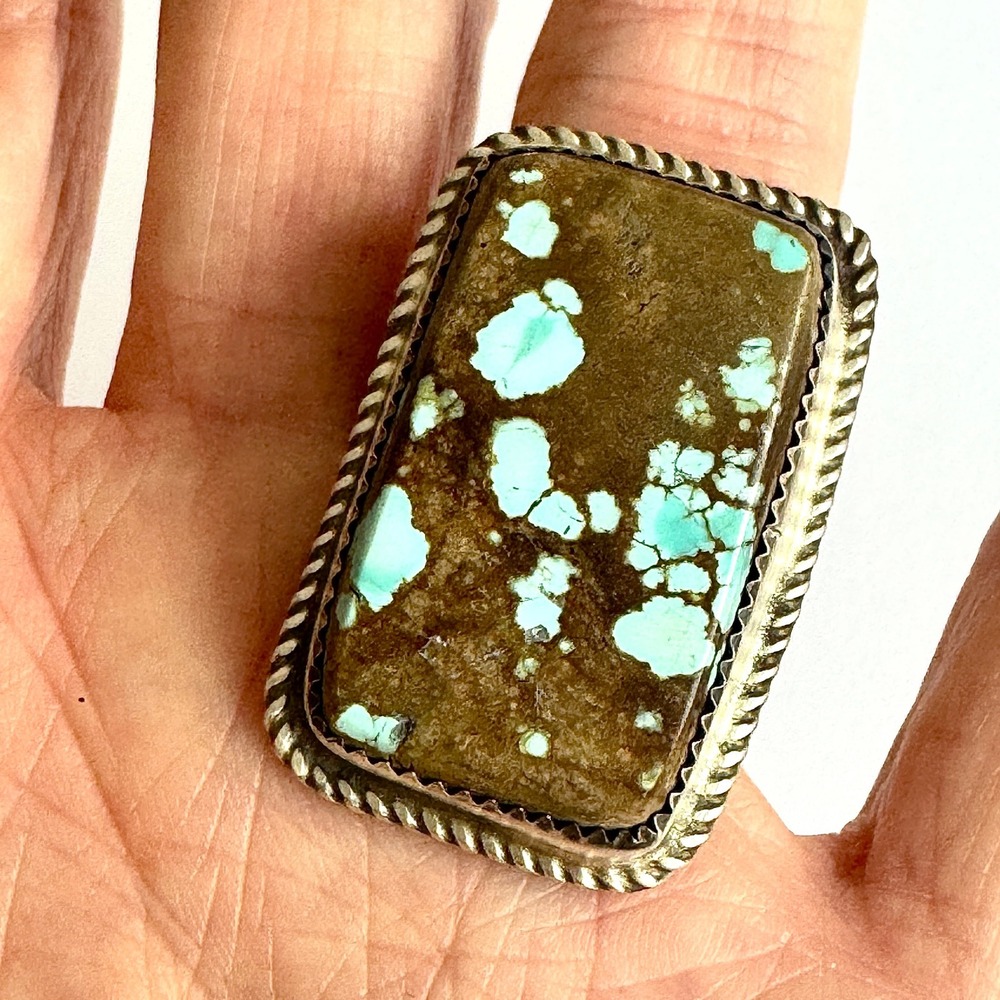 Navajo #8 Mine Turquoise Ring Sz 7 Signed Nez Adjustable Native American